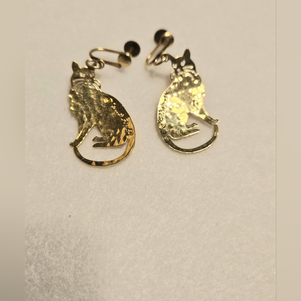 Vintage Wild Bryde Gold-Tone Cat Dangle Earrings - Clip On